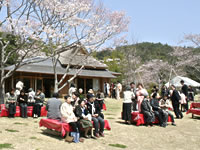 People who enjoy a bowl of Japanese green tea in the warm sunshine of the spring.